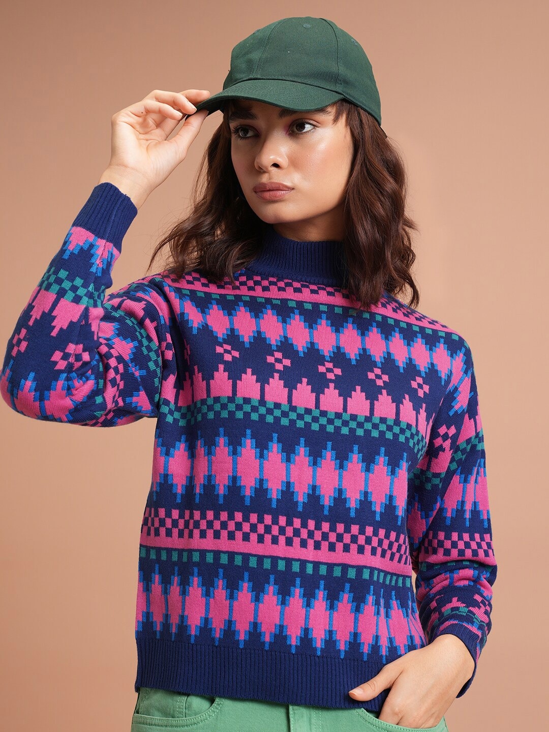 

Tokyo Talkies Navy Blue Geometric Printed Turtle Neck Acrylic Pullover Sweater