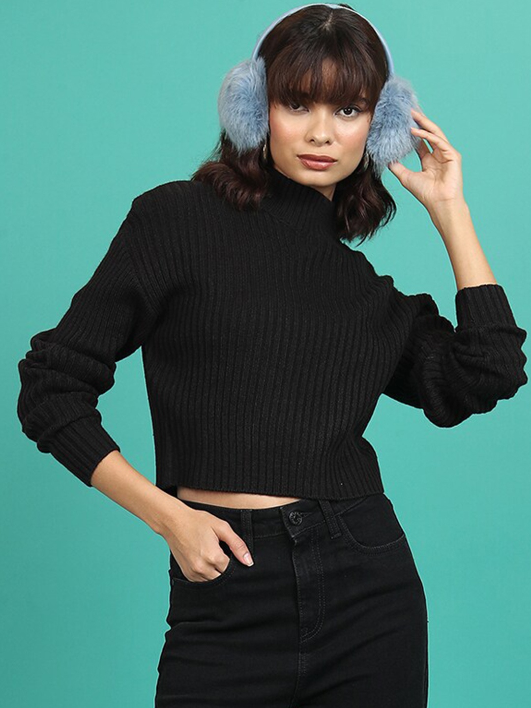 

Tokyo Talkies Ribbed Turtle Neck Acrylic Pullover, Black