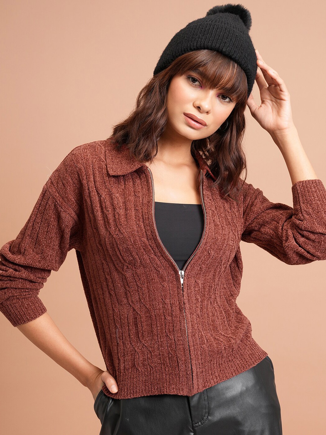 

Tokyo Talkies Women Brown Cable Knit Acrylic Front-Open Sweaters