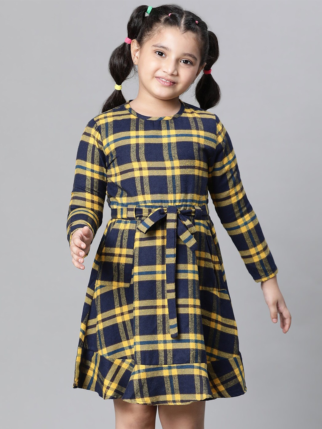 

Oxolloxo Girls Checked Organic Cotton Fit & Flare Dress, Navy blue