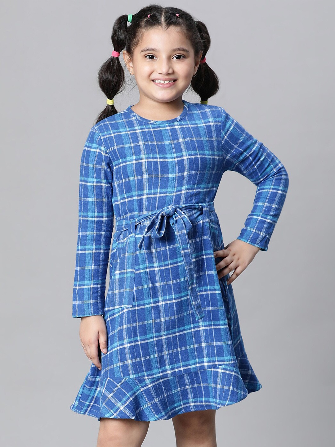 

Oxolloxo Checked Tie Ups Organic Cotton Fit & Flare Dress, Blue