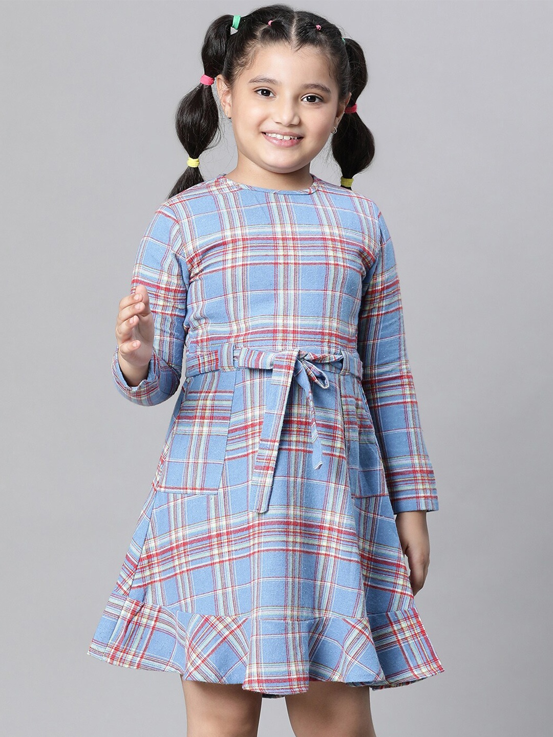 Oxolloxo Girls Checked Organic Cotton A-Line Dress Tie- Ups, Blue