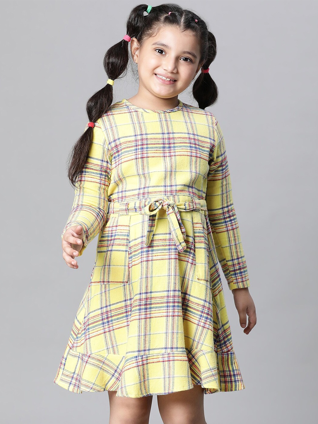 

Oxolloxo Girls Checked Organic Cotton Fit & Flare Dress, Yellow