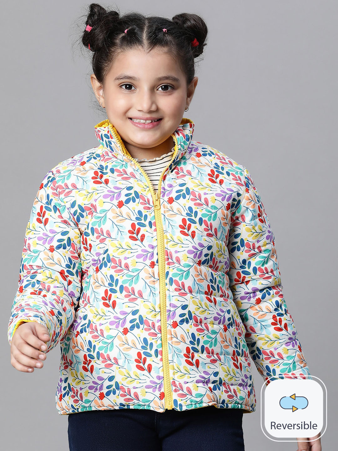 

Oxolloxo Girls Floral Printed Reversible Mock Collar Padded Jacket, White