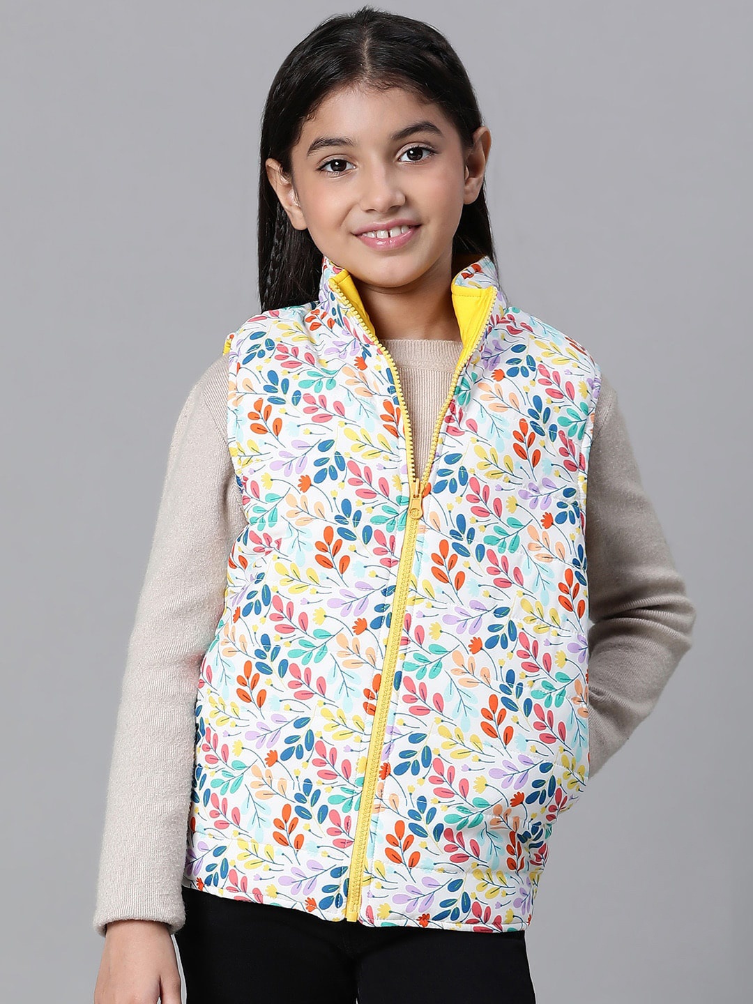 

Oxolloxo Girls Floral Printed Reversible Mock Collar Padded Jacket, White