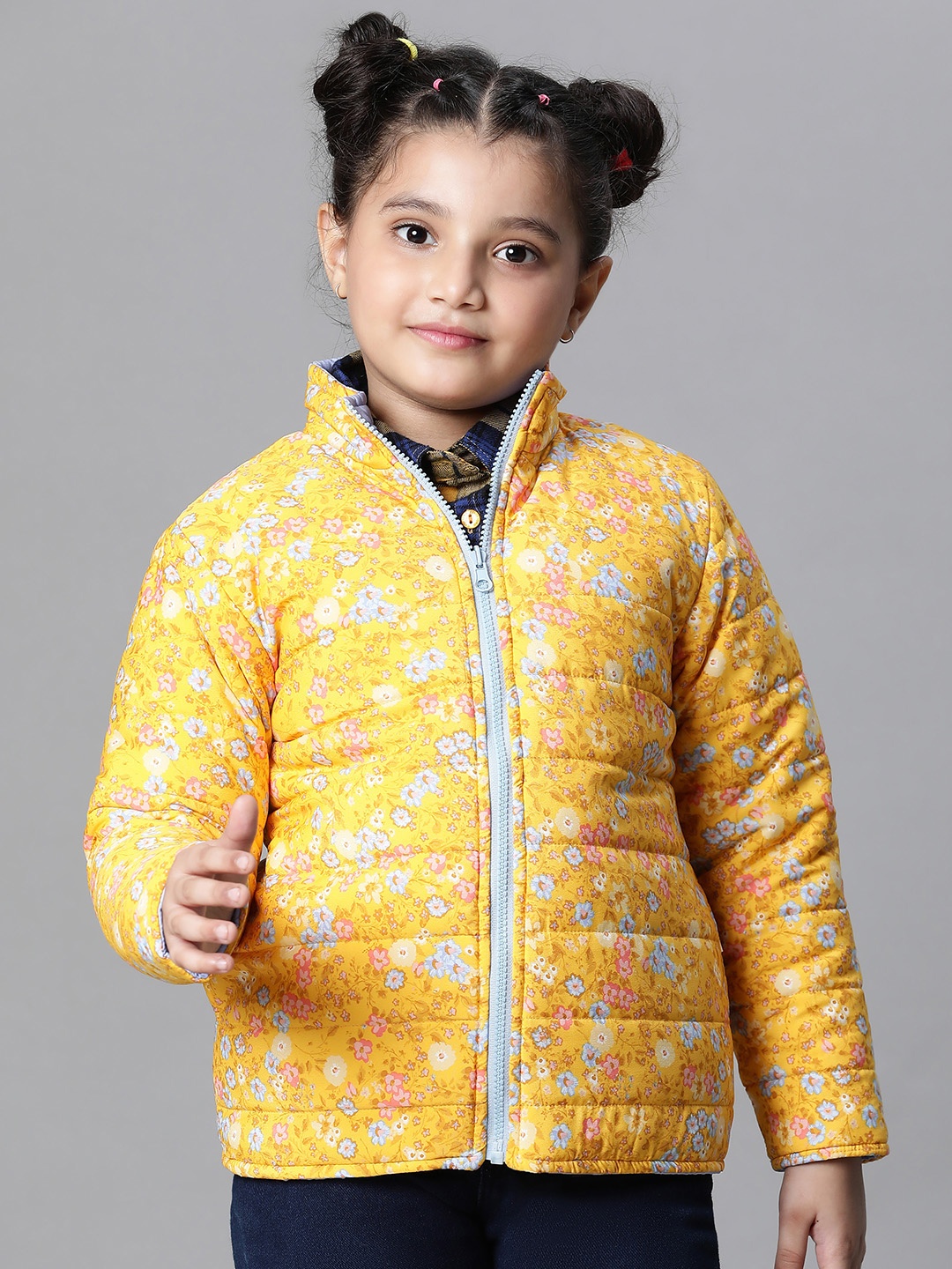 

Oxolloxo Girls Floral Printed Reversible Mock Collar Padded Jacket, Yellow