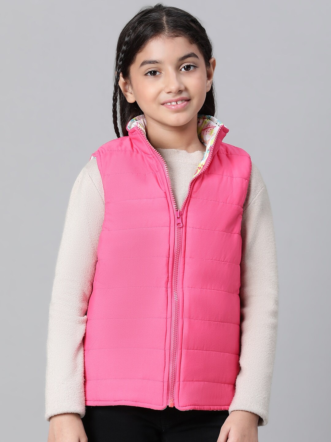 

Oxolloxo Girls Floral Printed Reversible Mock Collar Padded Jacket, Pink