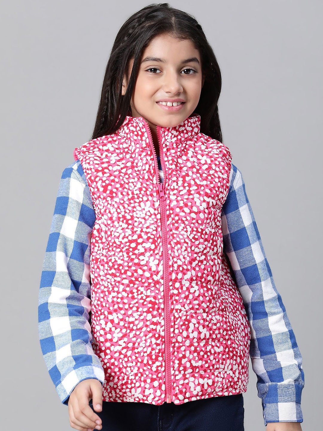 

Oxolloxo Girls Abstract Printed Reversible Mock Collar Padded Jacket, Pink