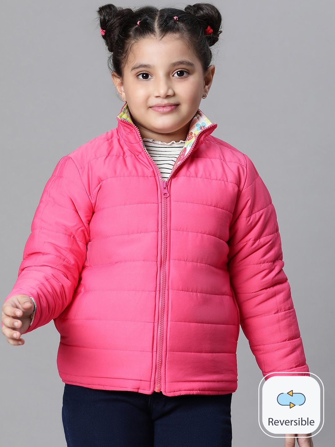

Oxolloxo Girls Floral Printed Mock Collar Reversible Padded Jacket, Pink