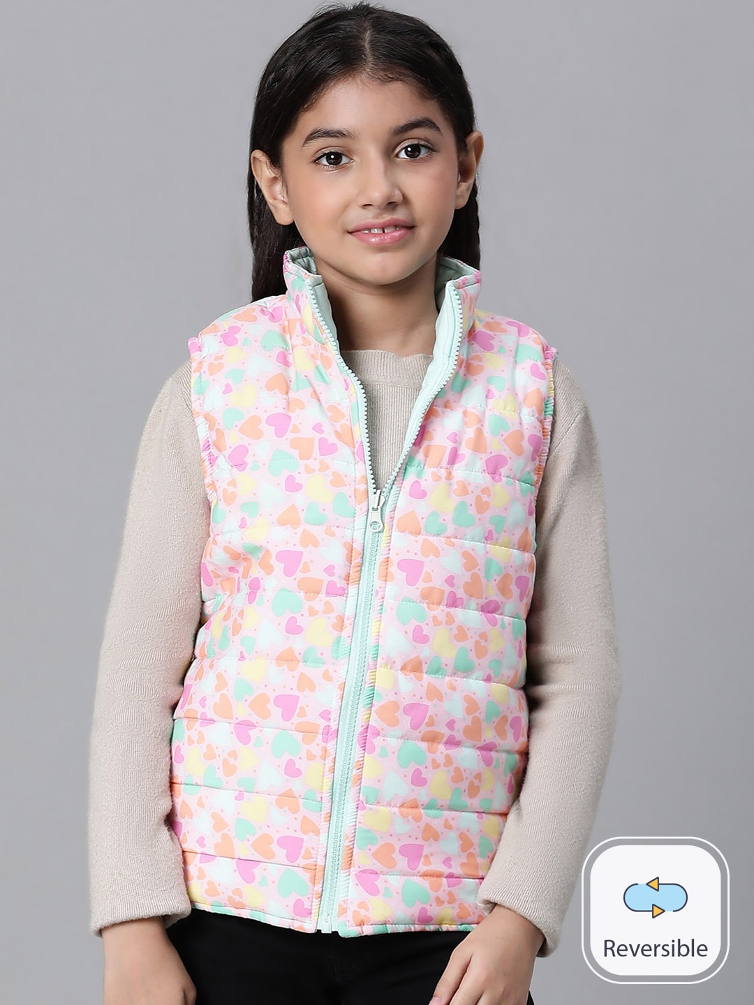 

Oxolloxo Girls Conversational Printed Reversible Mock Collar Padded Jacket, Blue