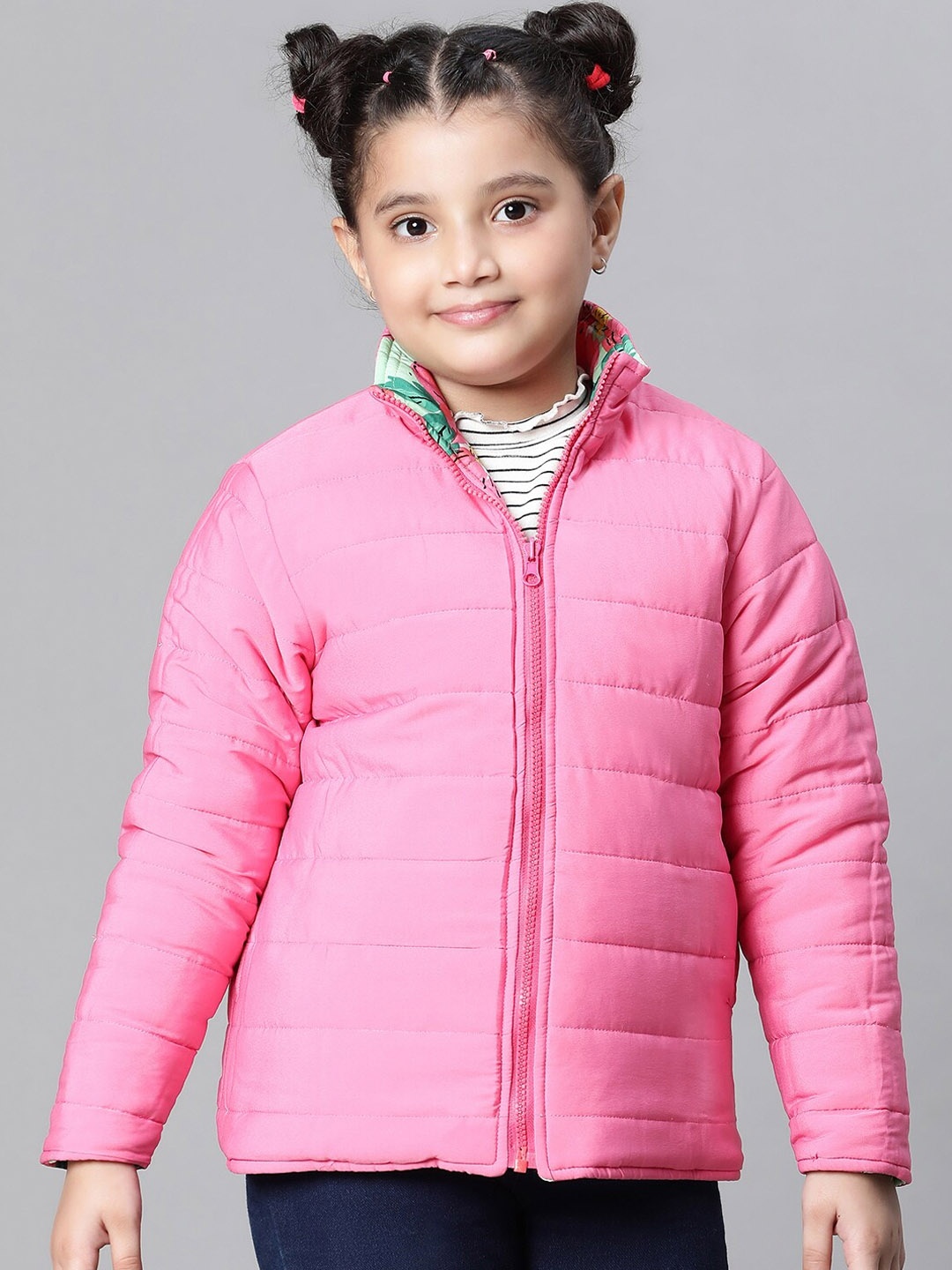 

Oxolloxo Girls Floral Printed Reversible Mock Collar Padded Jacket, Pink