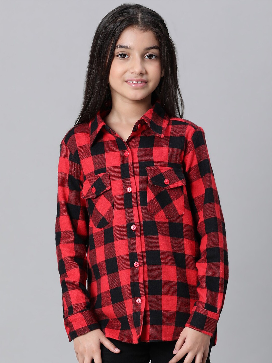 Oxolloxo Girls Relaxed Checked Cotton Casual Shirt, Red