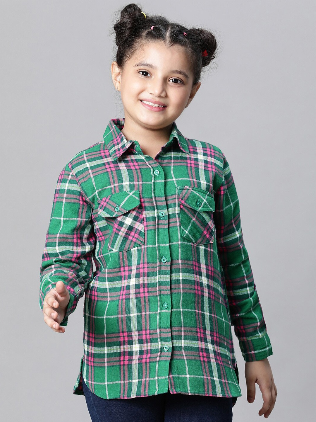 

Oxolloxo Girls Tartan Checked Relaxed Fit Cotton Casual Shirt, Green