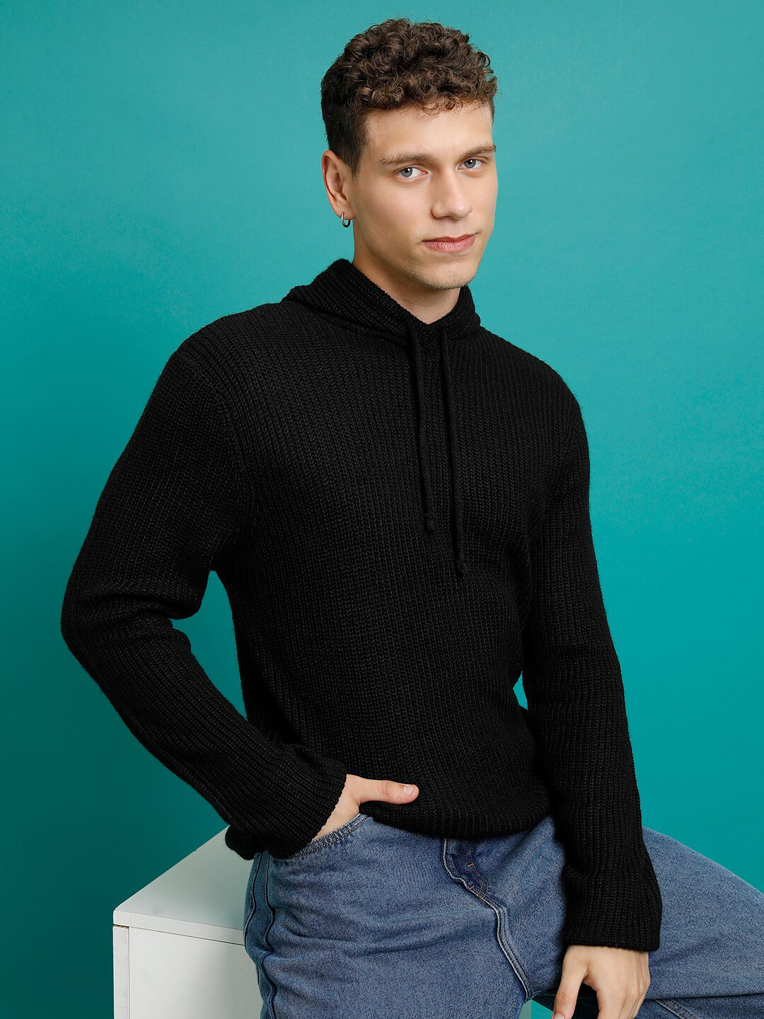 

HIGHLANDER Ribbed Hooded Acrylic Pullover, Black