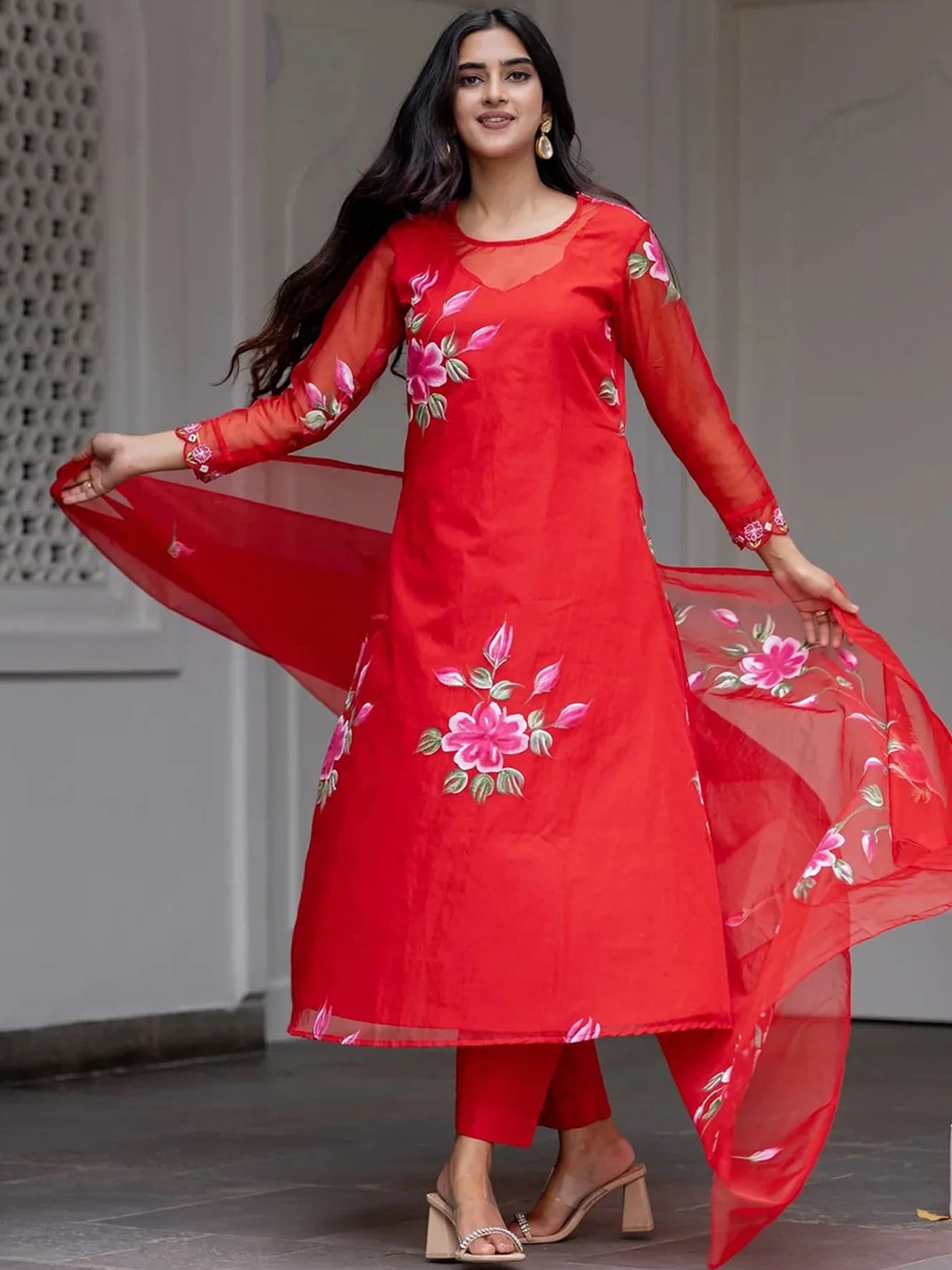 

KALINI Floral Printed Kurta with Trousers & Dupatta, Red