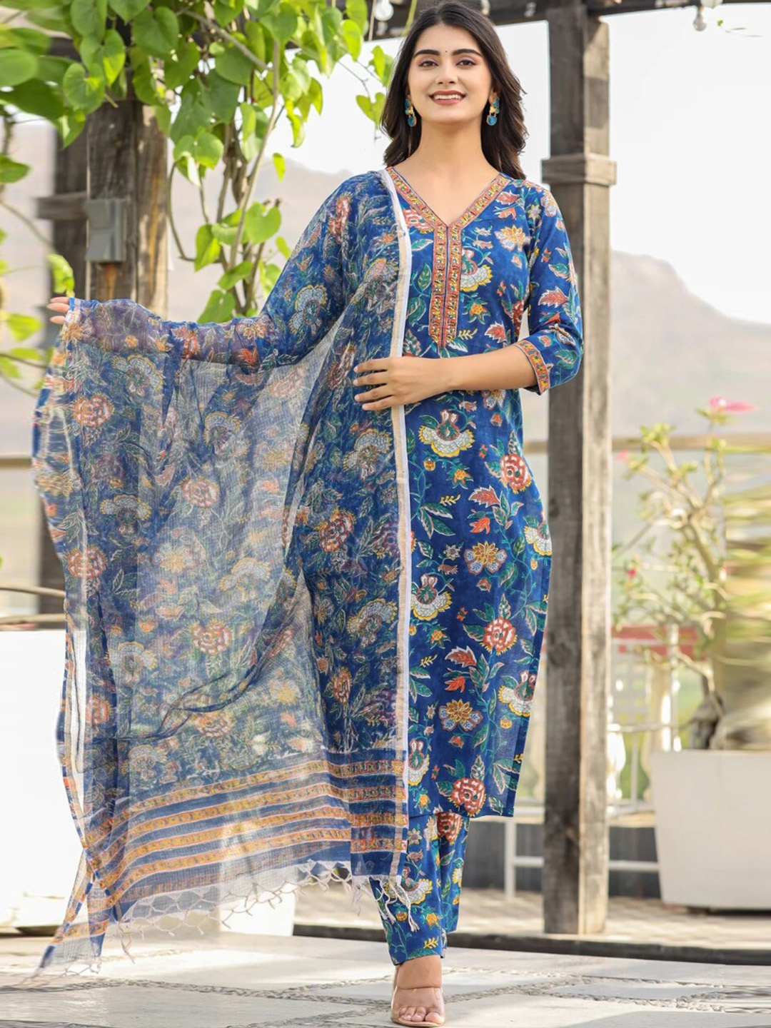 

KALINI Floral Printed V-Neck Kurta with Trousers & Dupatta, Blue