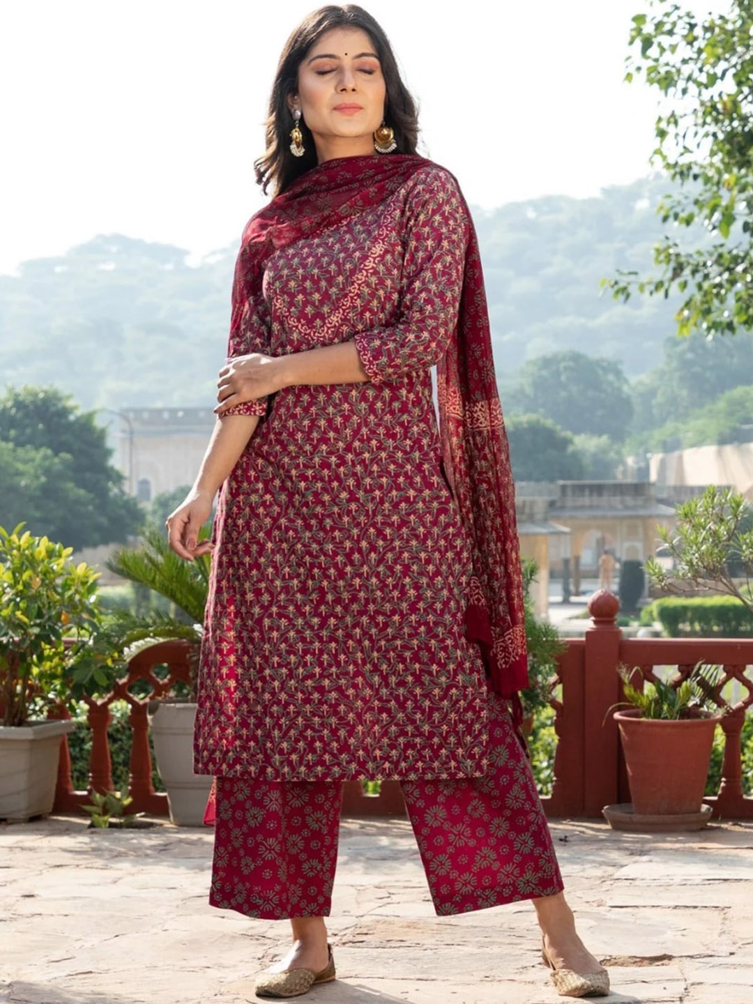 

KALINI Ethnic Motifs Printed V-Neck Straight Kurta & Palazzos With Dupatta, Maroon