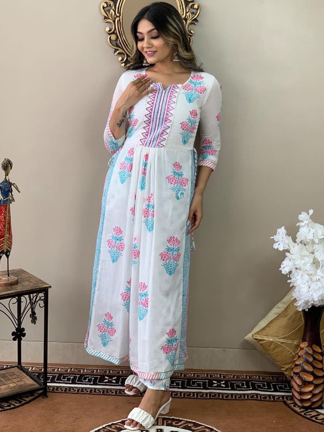 

KALINI Floral Printed Gotta Patti A-Line Kurta with Trousers, White