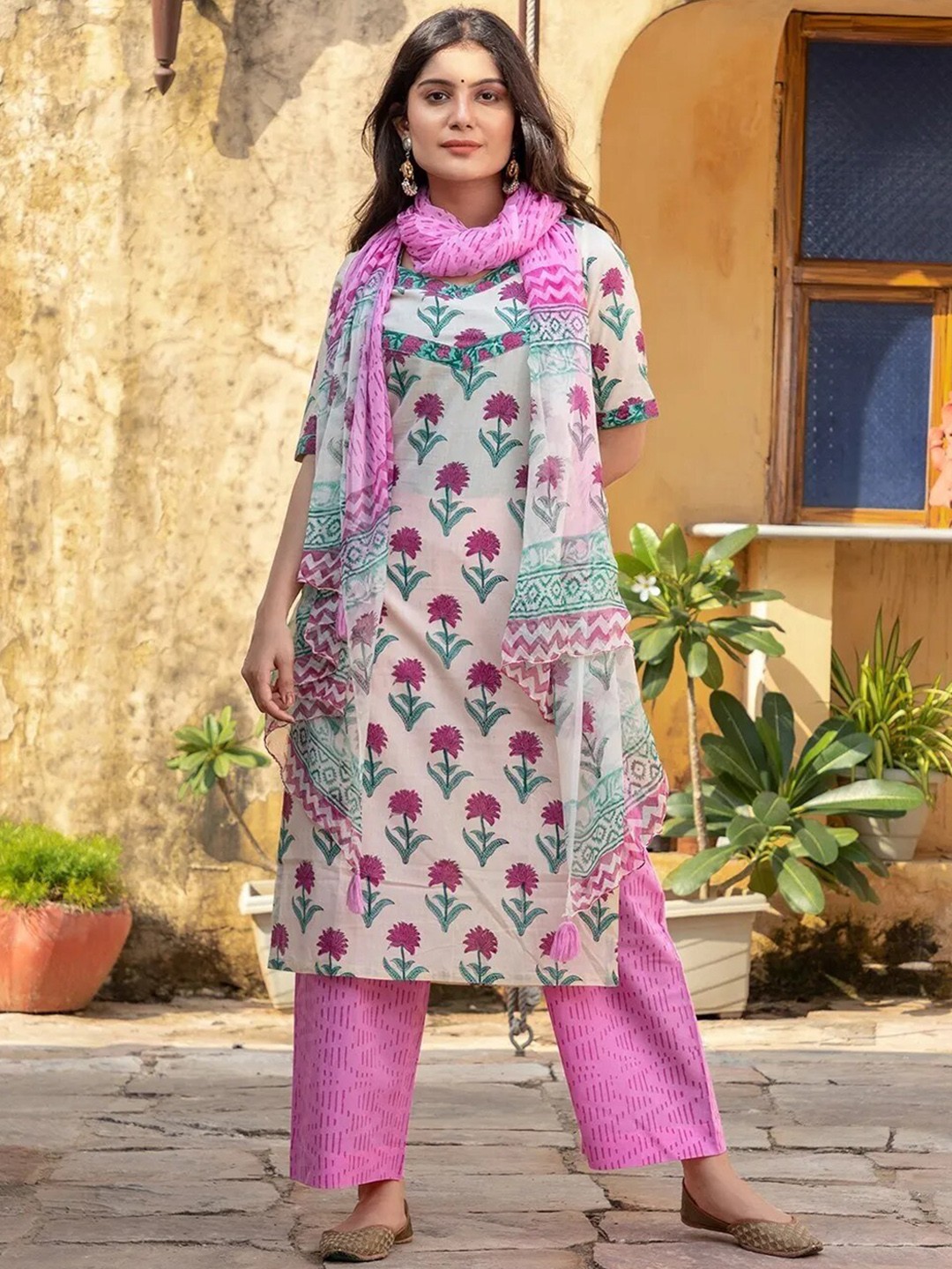 

KALINI Floral Printed Kurta & Palazzos With Dupatta, Cream