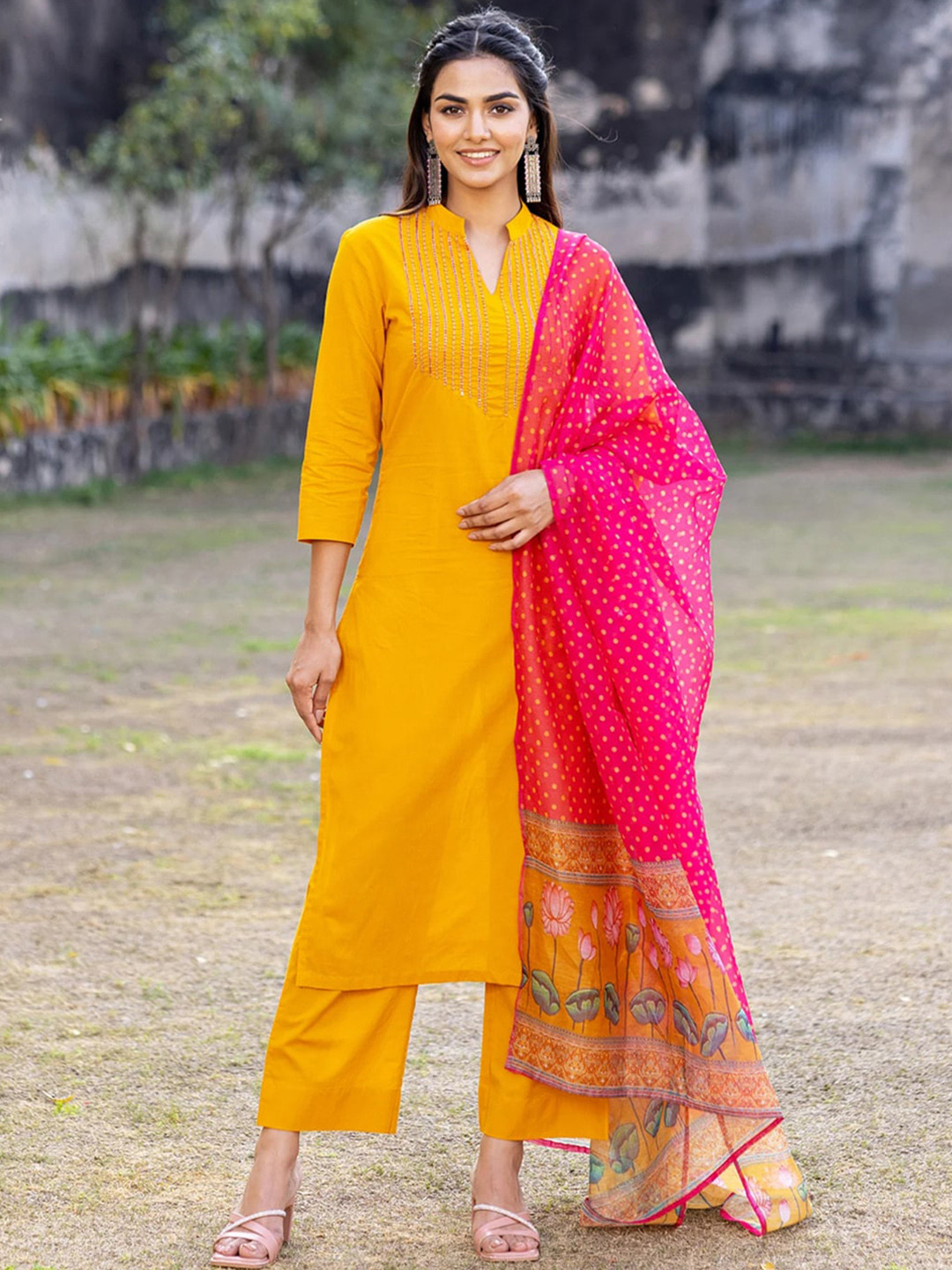 

KALINI Yoke Design Thread Work Sequined Mandarin Collar Kurta with Palazzos & Dupatta, Yellow