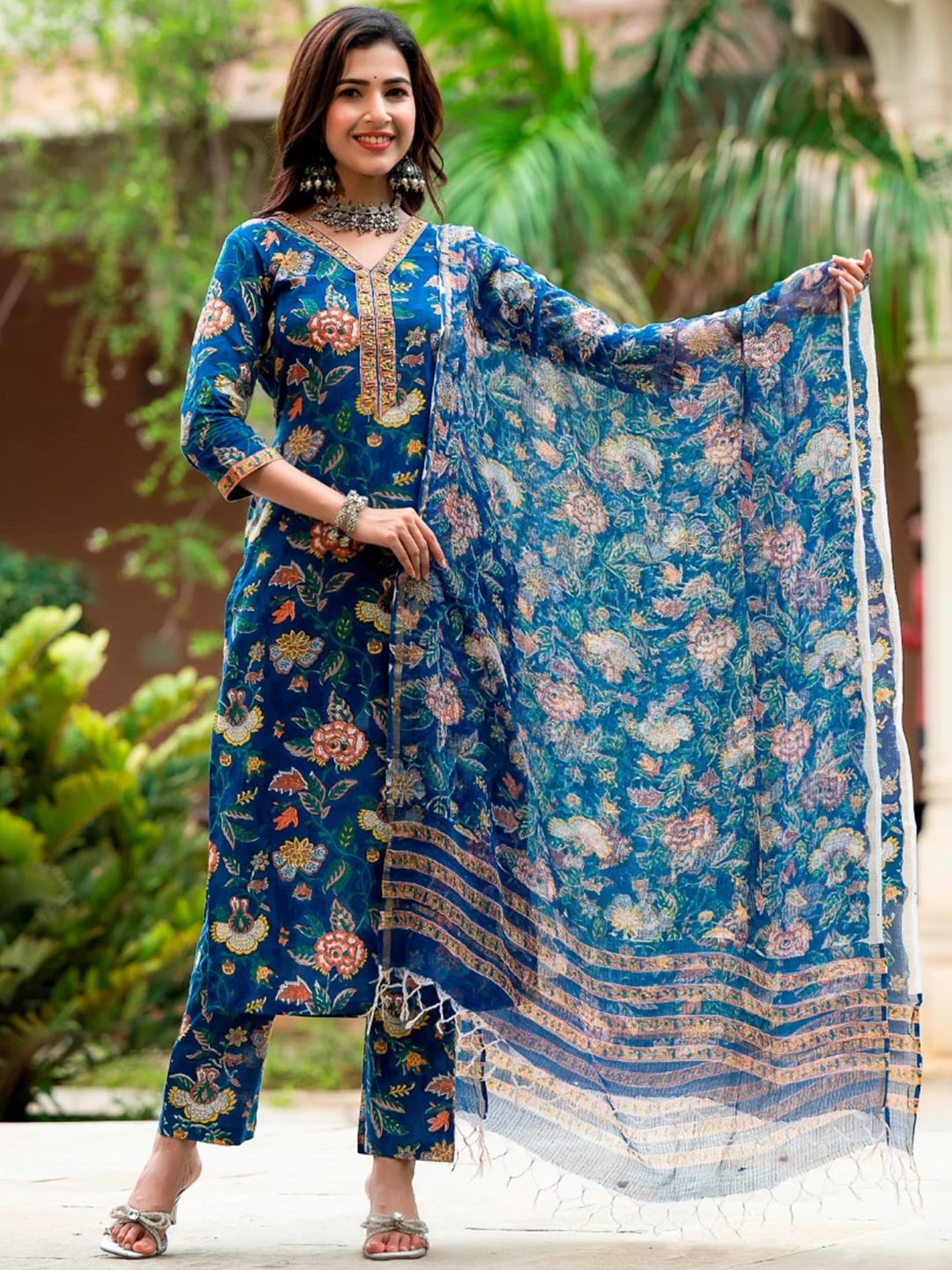 

KALINI Floral Printed V-Neck Kurta with Trousers & Dupatta, Blue