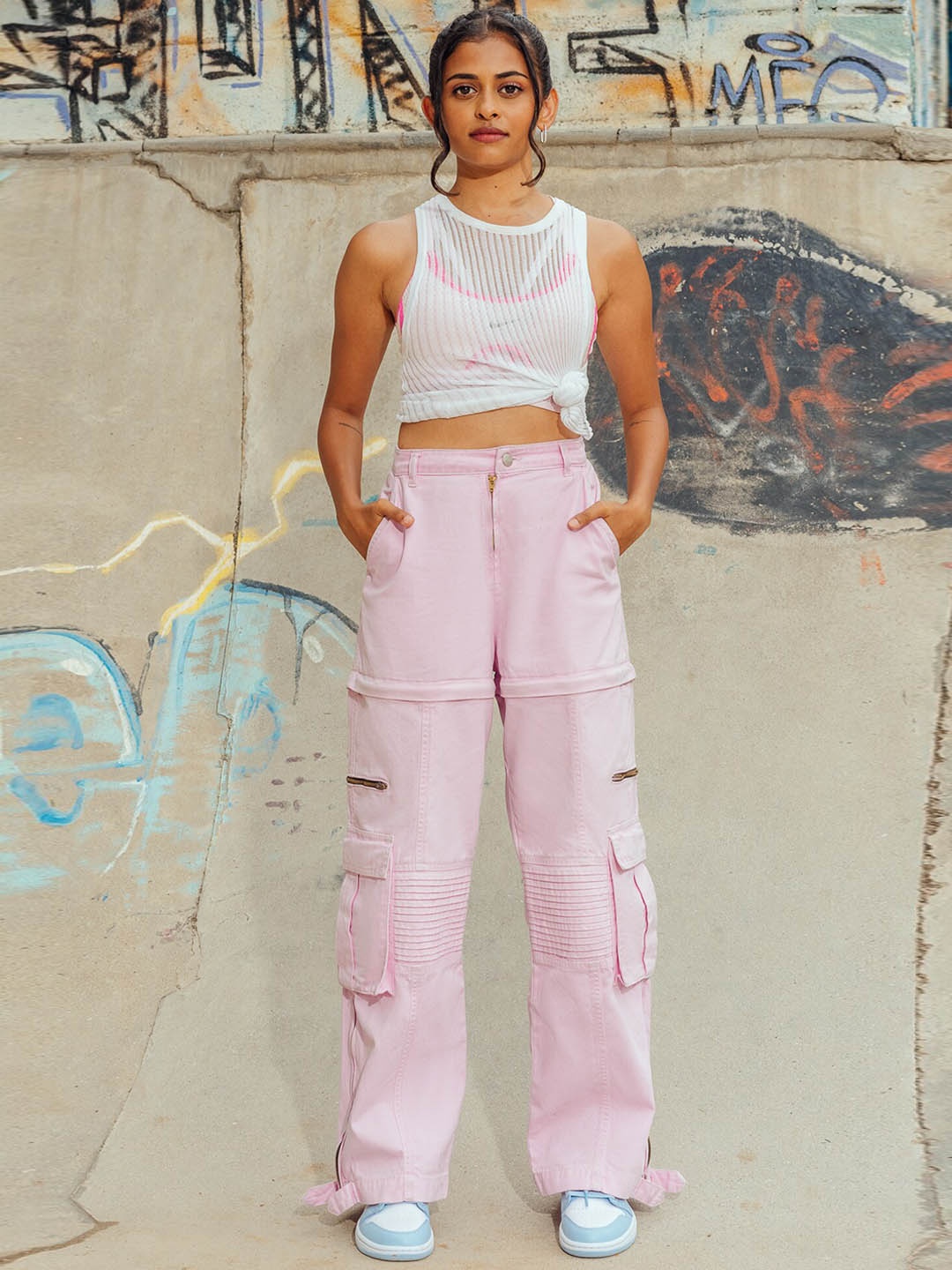 

FREAKINS Women Straight Fit High-Rise Clean Look Pure Cotton Cargo Jeans, Pink