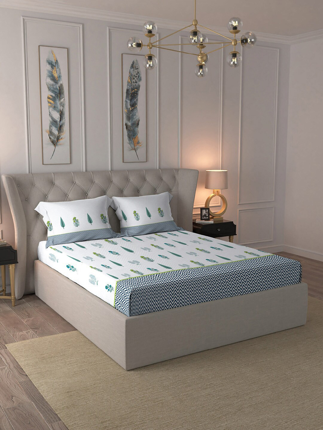 

MYTRIDENT White & Blue Cotton Double King Bedsheet With Comforter & 2 Pillow Covers