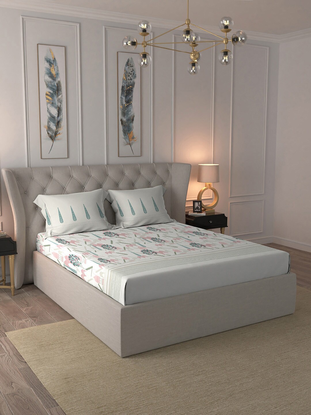 

MYTRIDENT Pink & Beige Geometric Printed Regular Cotton Double King Bedding Set