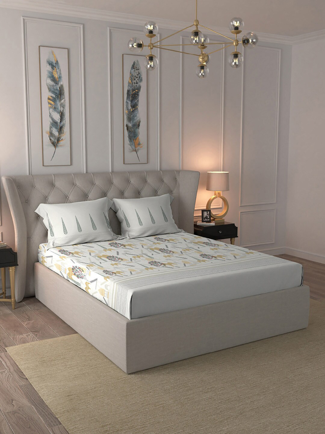 

MYTRIDENT Yellow & White Ethnic Motifs Printed Regular Cotton Double King Bedding Set