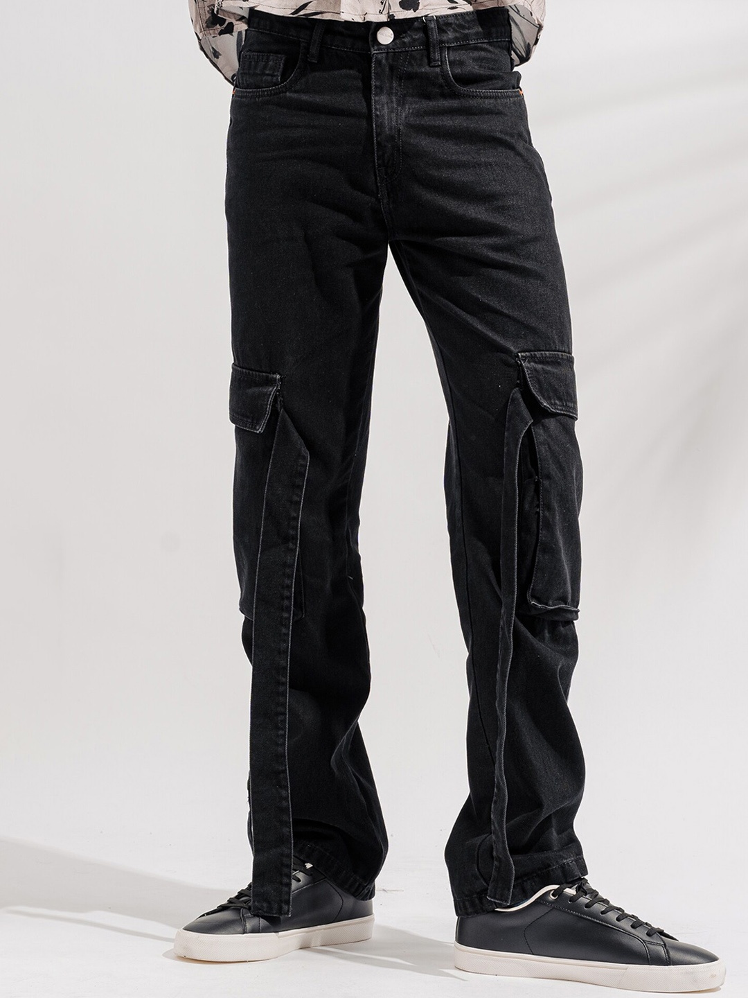 

FREAKINS Men Straight Fit High-Rise Pure Cotton Cargo Jeans, Black