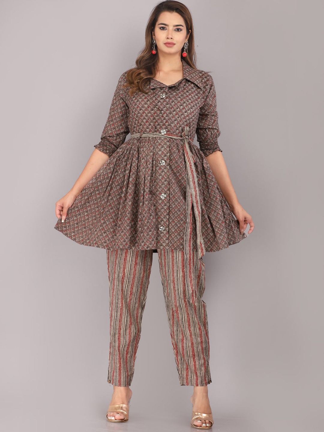 

HIGHLIGHT FASHION EXPORT Floral Printed Pure Cotton Tunic With Trousers, Grey