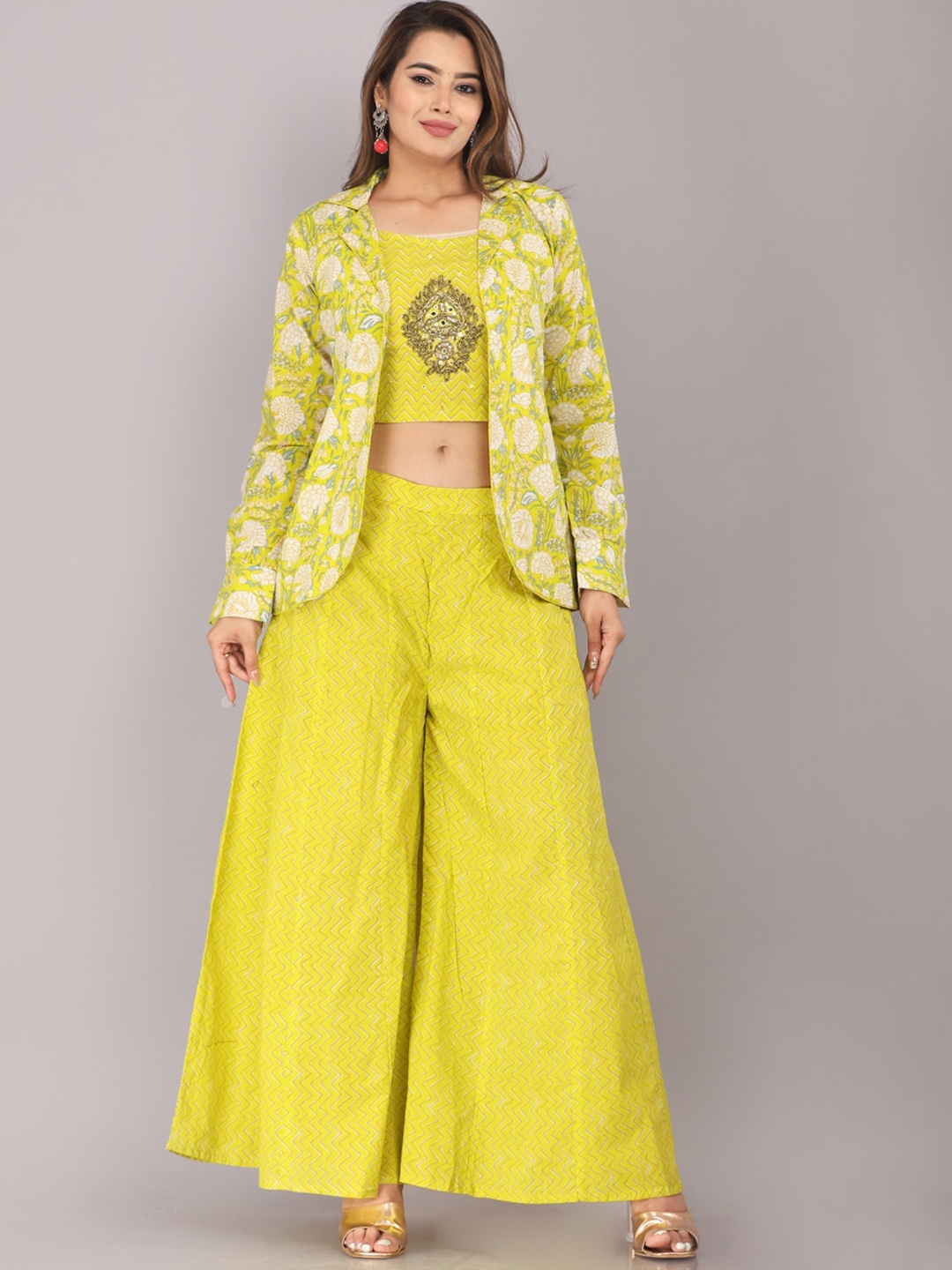 HIGHLIGHT FASHION EXPORT Printed Embroidered Pure Cotton Top, Shrug & Palazzo, Green