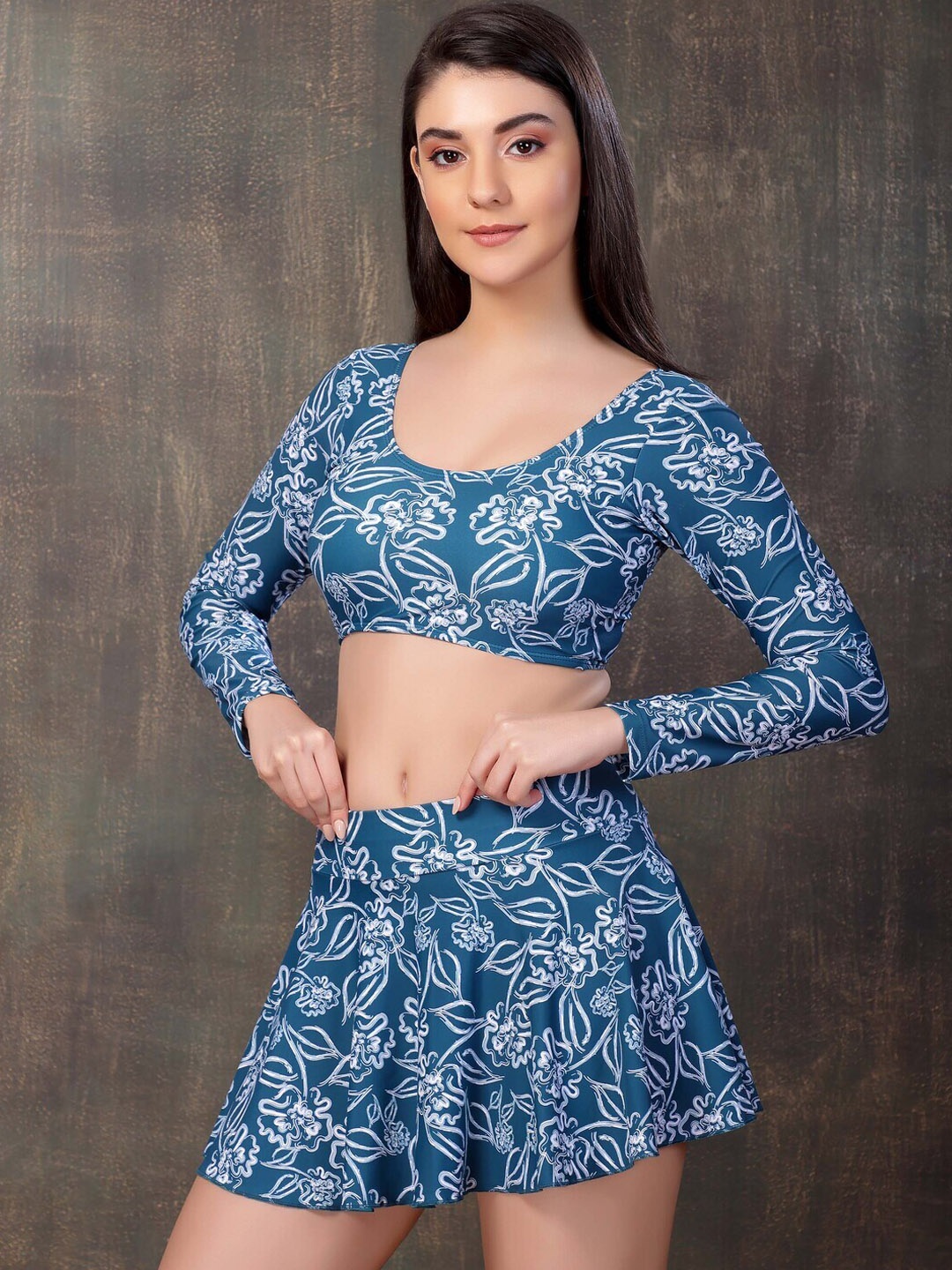 

Addery Floral Printed Long Sleeves Swim Set, Blue