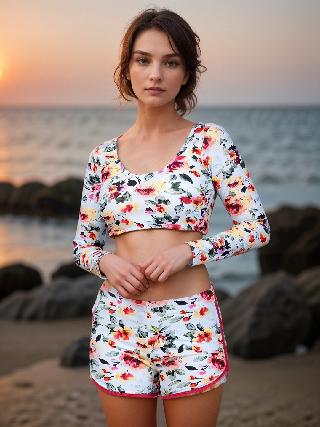 

Addery Floral Printed Long Sleeves Swim Set, Teal