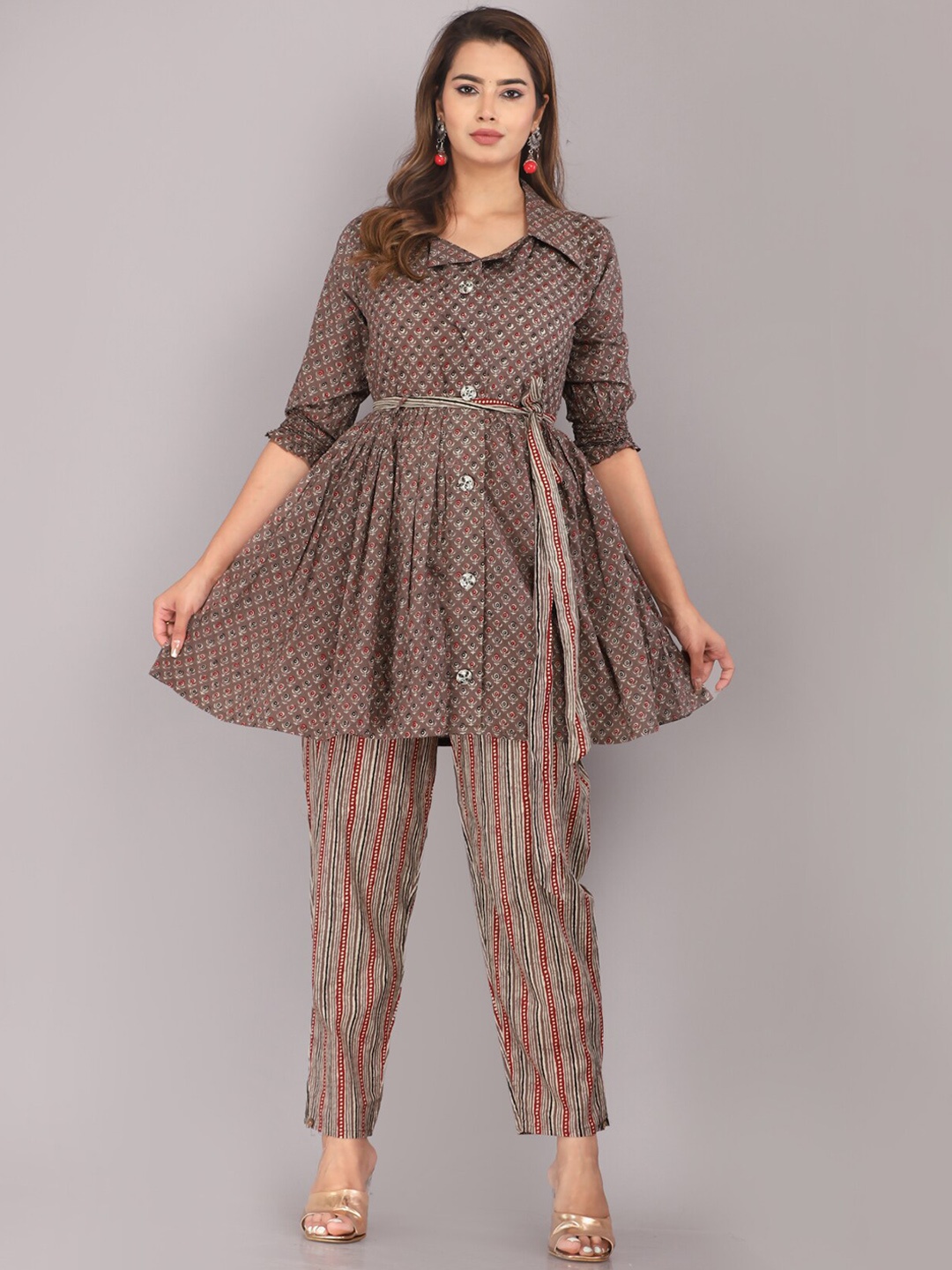

JC4U Printed Pure Cotton Tunic With Trousers, Brown