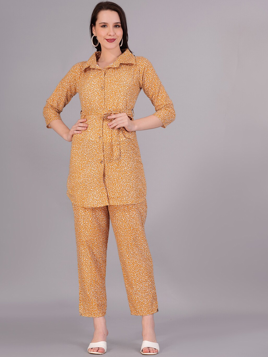 

JC4U Floral Printed Lapel Collar Pure Cotton Shirt With Trousers, Mustard
