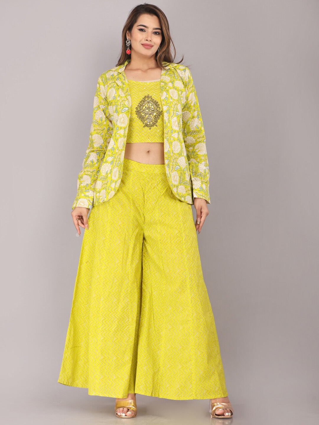 

JC4U Printed Cotton Round Neck Crop Top & Coat With Palazzos, Lime green