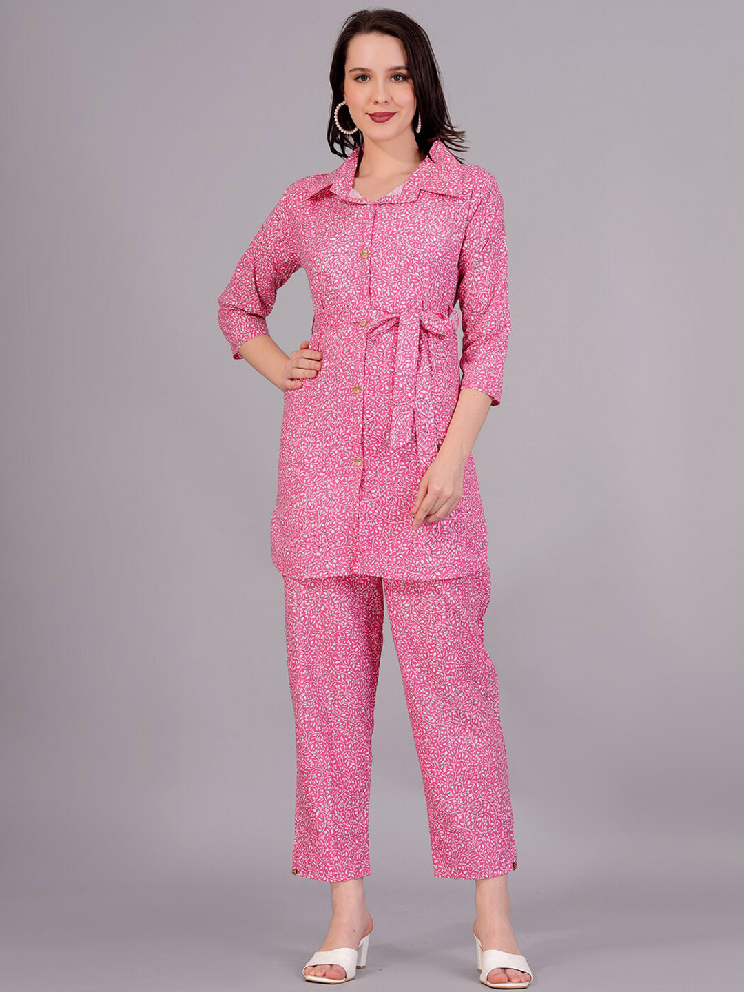 

JC4U Floral Printed Lapel Collar Pure Cotton Shirt With Trousers, Pink