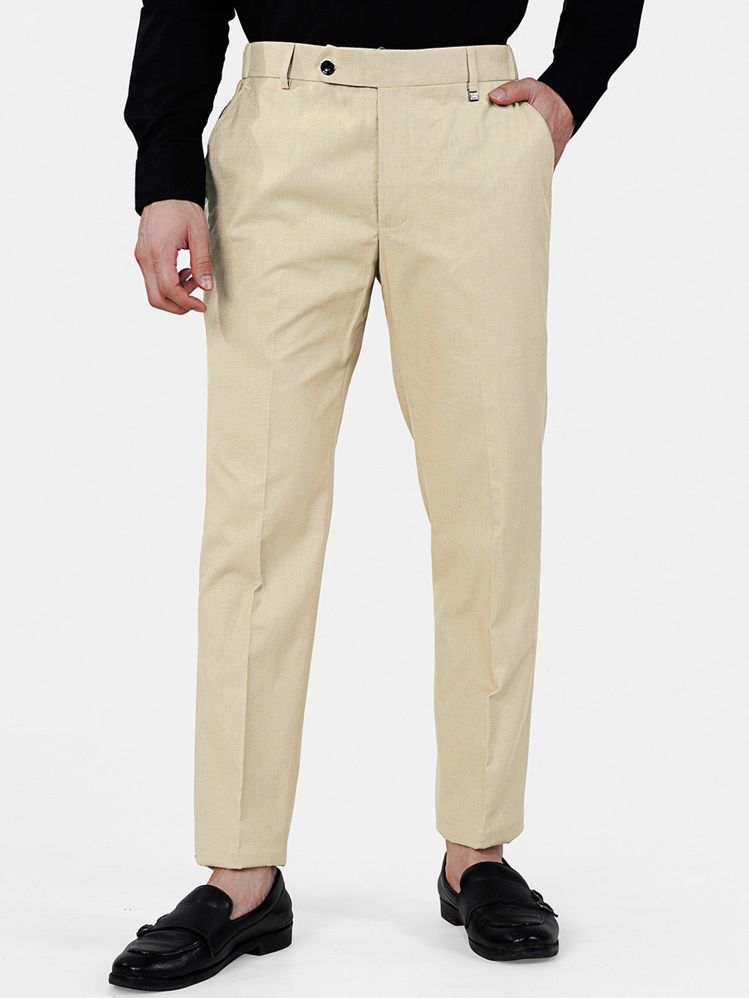 

FRENCH CROWN Men Relaxed Wrinkle Free Mid Rise Cotton Chambray Formal Trouser, Beige