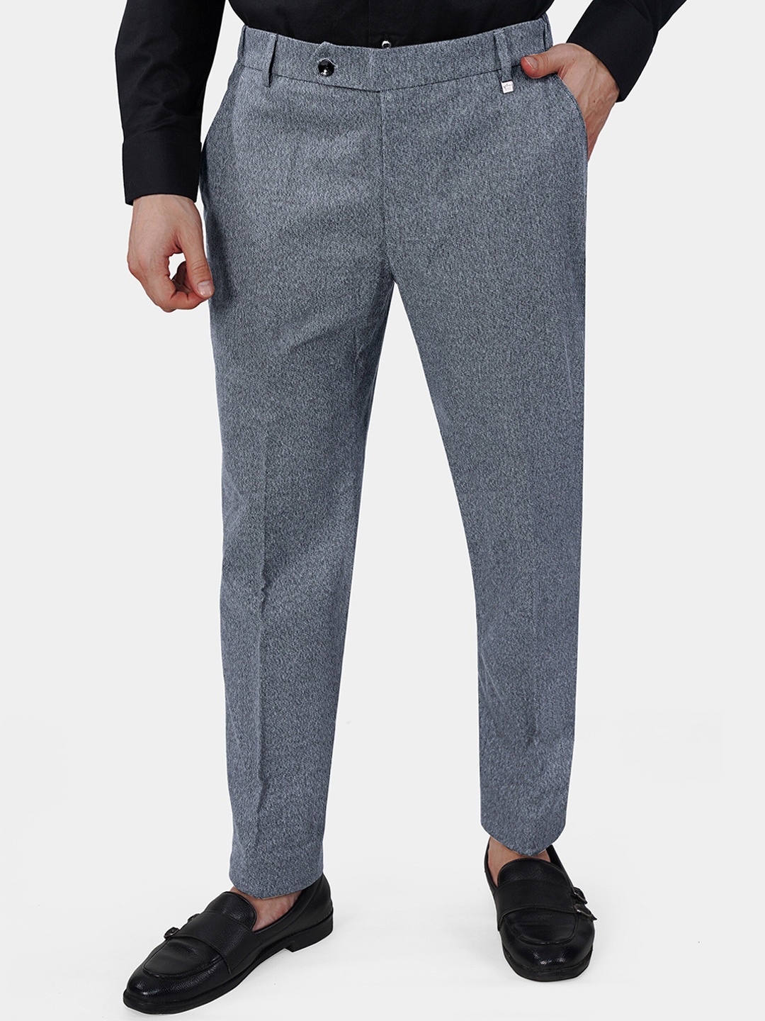 

FRENCH CROWN Men Wrinkle Free Chambray Cotton Formal Trousers, Grey
