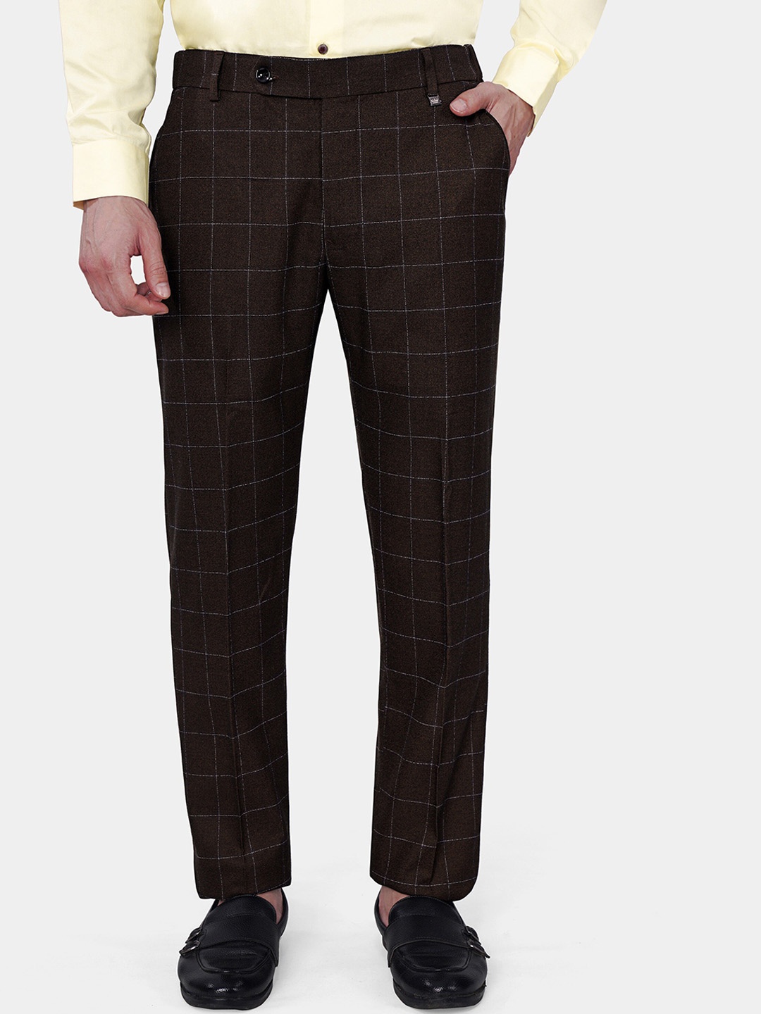 

FRENCH CROWN Men Windowpane Checked Wrinkle Free Chambray Wool Formal Trousers, Brown
