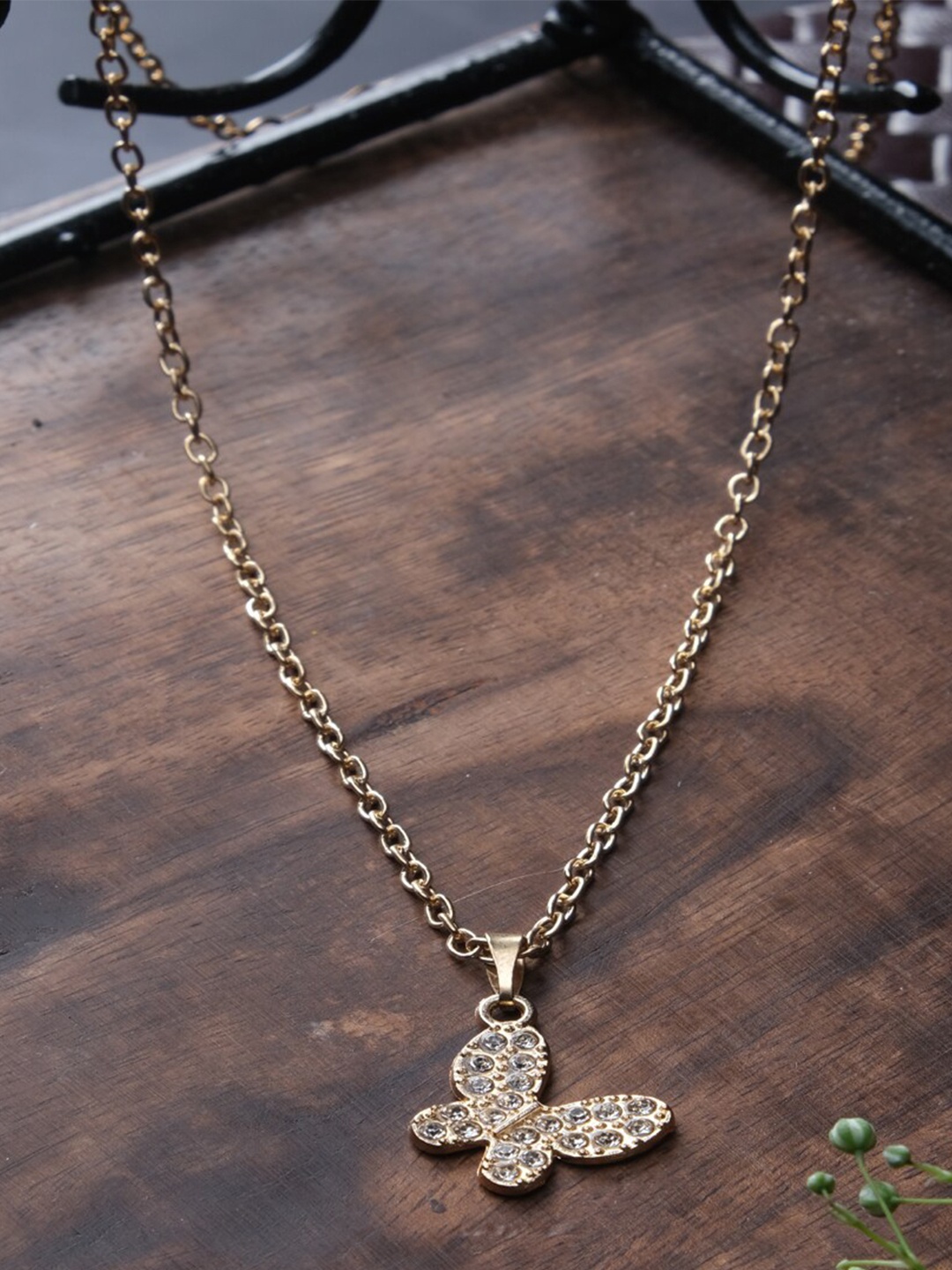 

Jewelz Gold-Plated Stones-Studded Butterfly-Charm Pendent With Chain