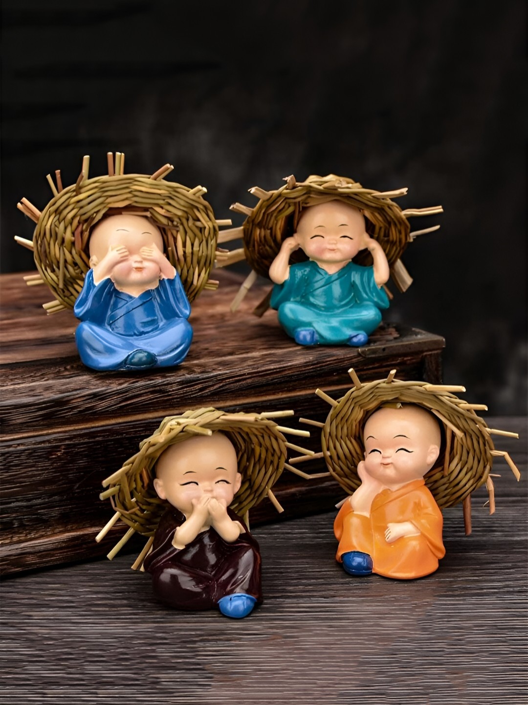 

Elegant Lifestyle Hat Monk Brown & Blue 4Pieces Buddha Figurine Showpieces