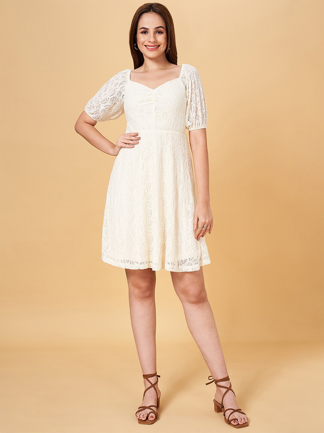 

Honey by Pantaloons Self Design Sweetheart Neck Puff Sleeves Fit & Flare Dress, Off white