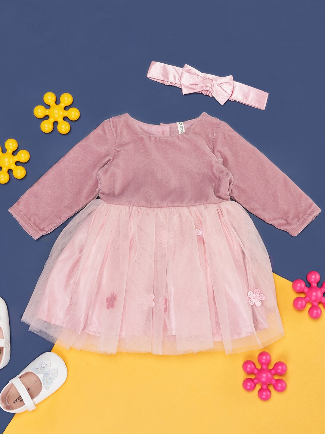 

Pantaloons Baby Infant Girls Round Neck Cotton Fit & Flare Dress, Peach