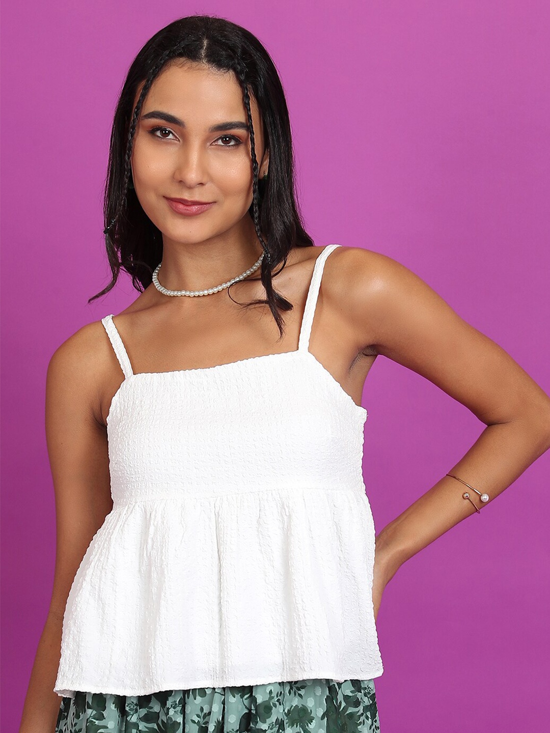 

Tokyo Talkies White Self Design Shoulder Straps Peplum Crop Top