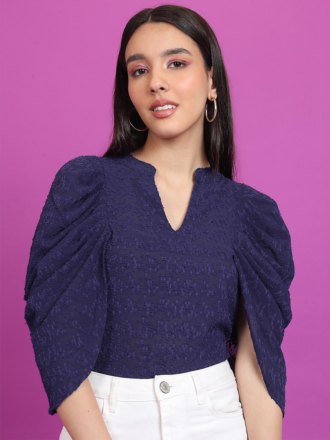

Tokyo Talkies Navy Blue Self Design Mandarin Collar Flared Sleeve Top