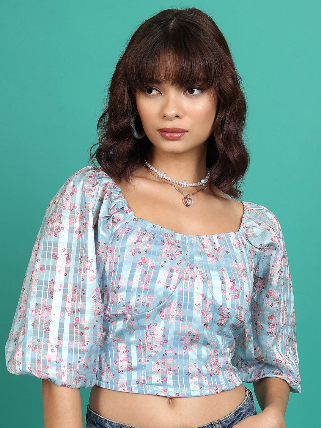 

Tokyo Talkies Blue Floral Printed Square Neck Puffed Sleeves Empire Crop Top