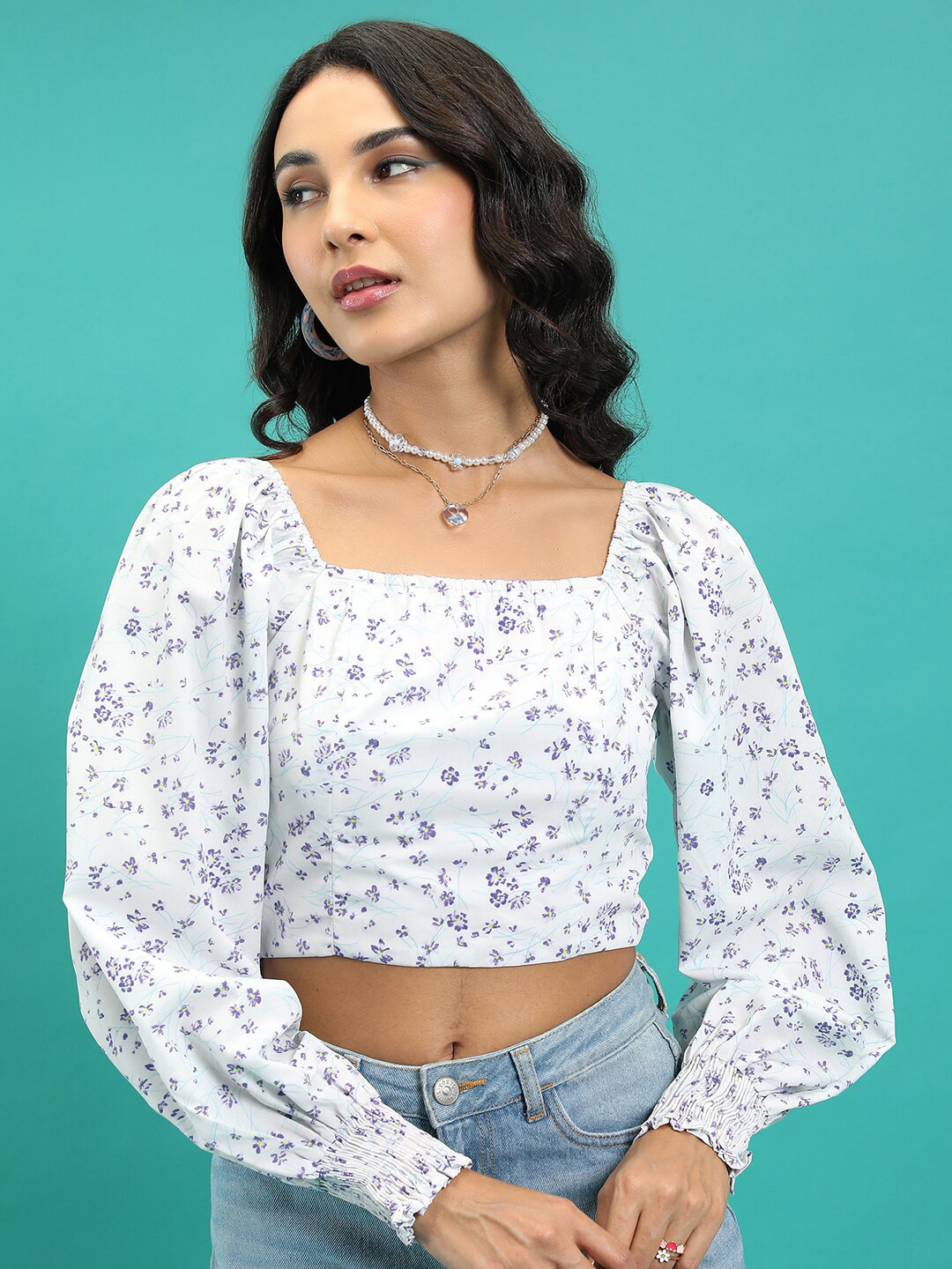 

Tokyo Talkies Floral Printed Smocked Puff Sleeve Crop Top, White