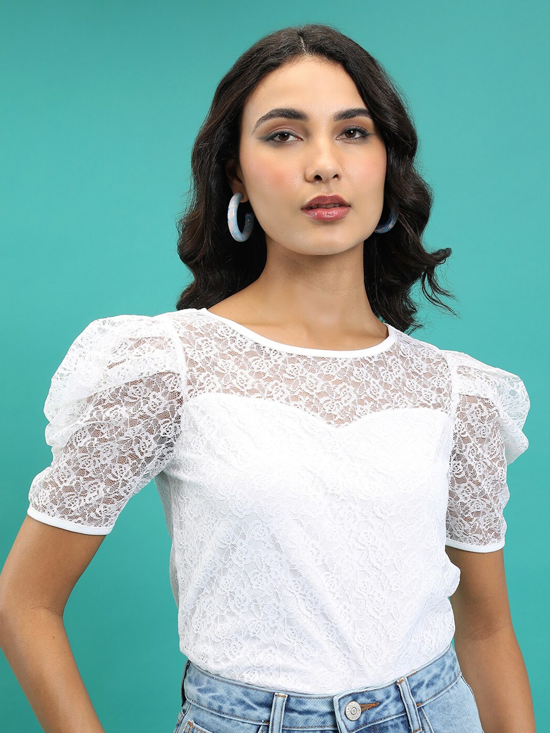 

Tokyo Talkies White Floral Self Design Puff Sleeve Top
